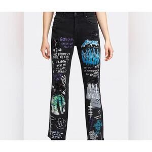 Rockstar Original Men’s Graffiti Print Straight Leg Jeans Black Streetwear Size